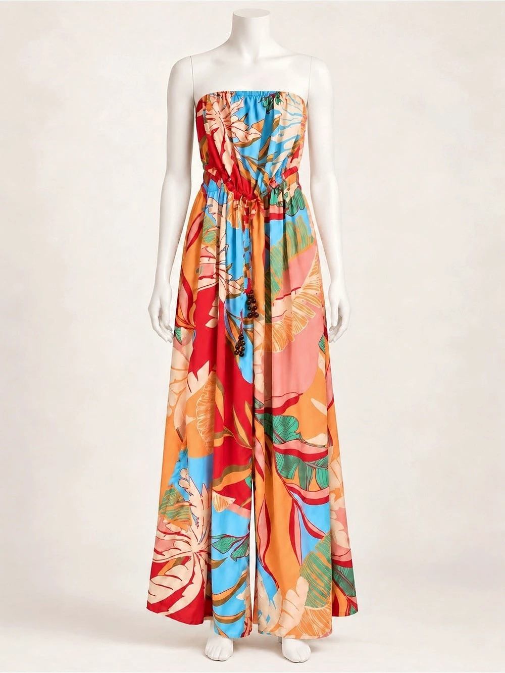 Women's Abstract Strapless Maxi Dress in Red & Blue